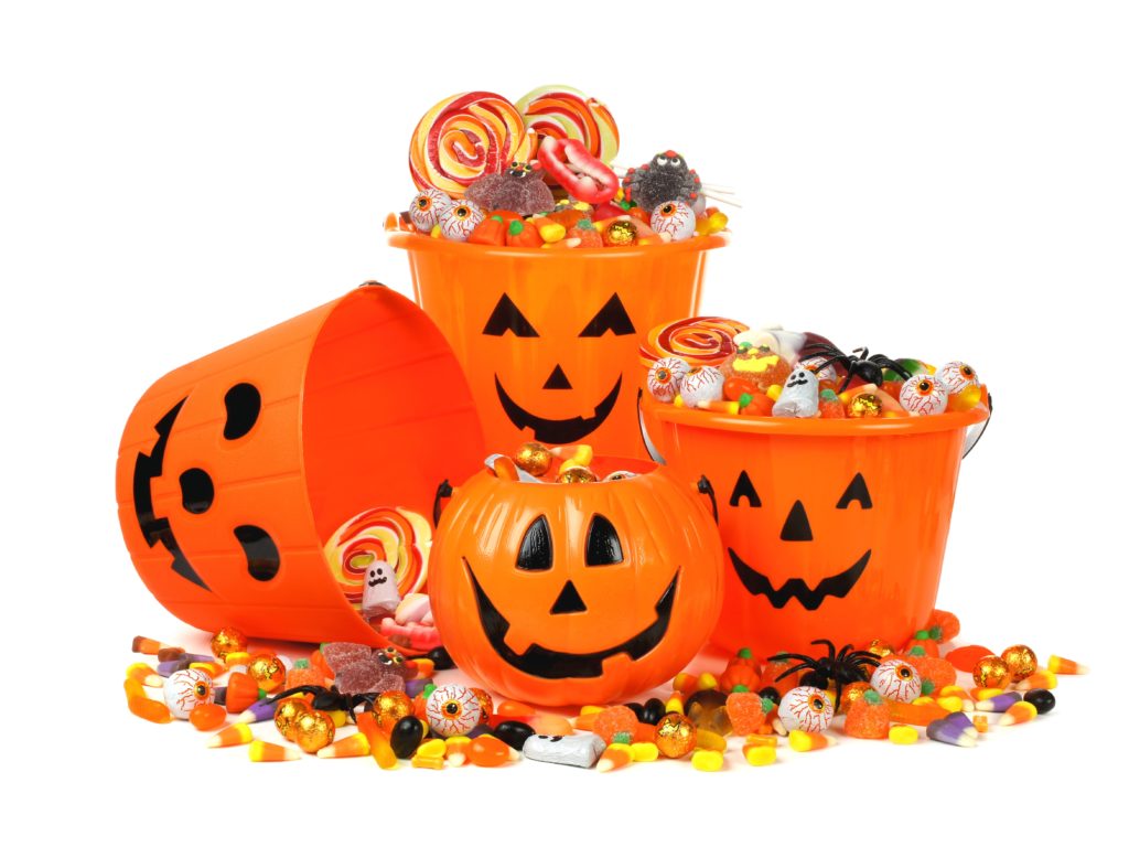 Group of Halloween Jack o Lantern pails with pile of candy PS290 PTA